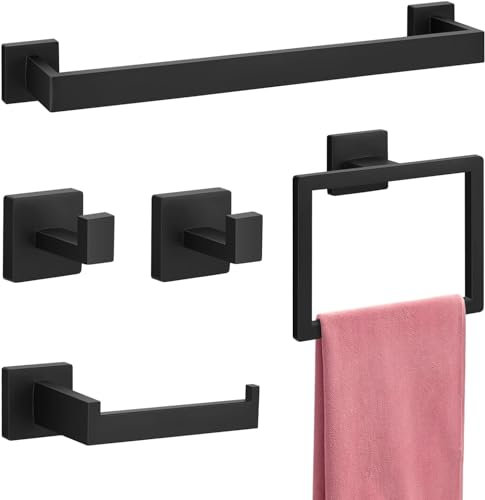 Black Towel Rail, Maypott 5pcs Matte Black Bathroom Accessories Set,16 inch Towel Tack Bathroom Toilet Toll Holder, Stainless Steel, Toilet Paper Holder, Towel Tail Set Wall Mounted