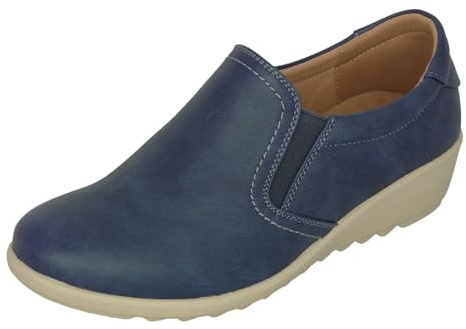 Cushion Walk EEE Wide Fit Women's Low Wedge Shoes, Black, Navy or Beige Faux Leather, Elastic Side Panels, Massage Insock – Casual or Office Comfort Footwear (5 UK, Navy Blue)