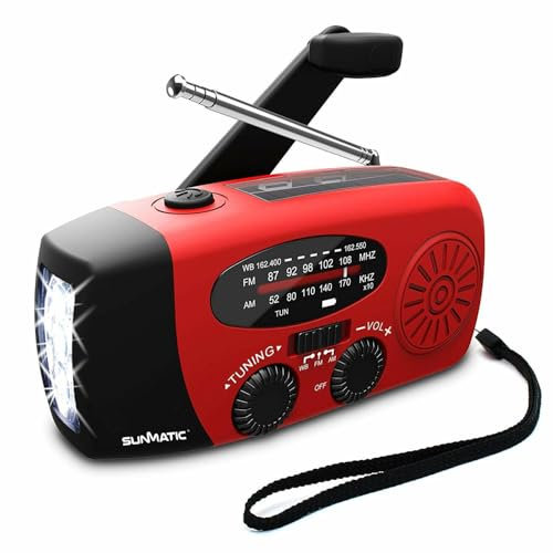 Radio d'urgence Solaire et Dynamo SunMatic – AM/FM Portable avec Lampe LED, Batterie 2000mAh, Charge USB, Radio à Manivelle, Idéal pour Camping, Randonnée, Panne de Courant et Kit de Survie