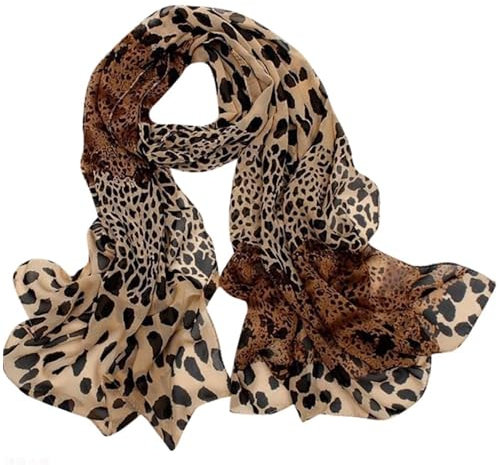 YNR Damen Chiffon-Schal mit Leopardenmuster, 160 x 50 cm, weich, leicht, Beige / Braun, 160 X 50 Centimetres