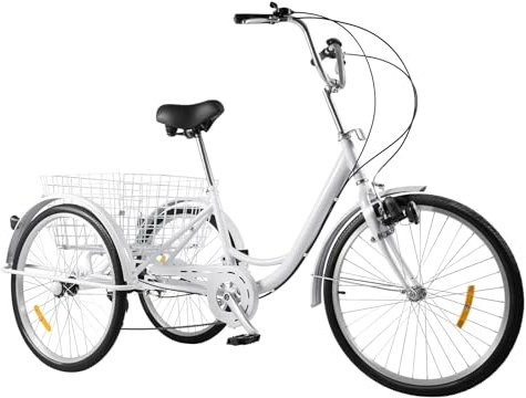 Trehjuling för vuxna, cykel 24 tum 6-växlad 3-hjuls trehjuling med korg, lastcykel för städer, cykelvägar, justerbar fordonshöjd 95–110 cm, vit