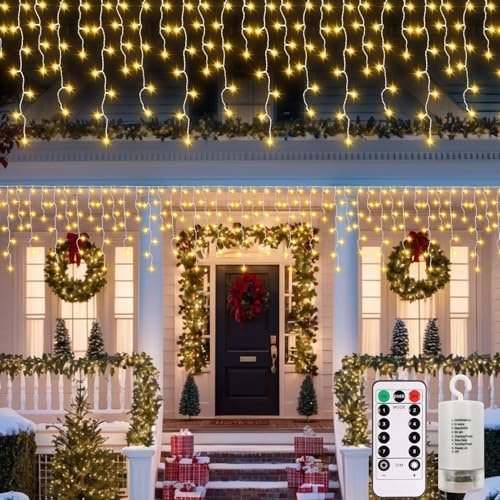 DBFAIRY Christmas Icicle Lights Outdoor, 6M 300 LED Curtain Fairy Lights Battery Operated with Remote 8 Modes Icicle String Lights for Window Gazebo Balcony Roof Decor - Warm White