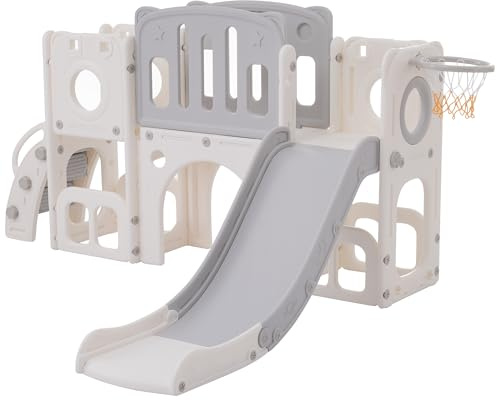 Scivolo per bambini 6 in 1 con scale integrate, due piattaforme, canestro da basket e gioco di perforazione, salvaspazio da montare e smontare, mobile e facile da pulire (grigio)