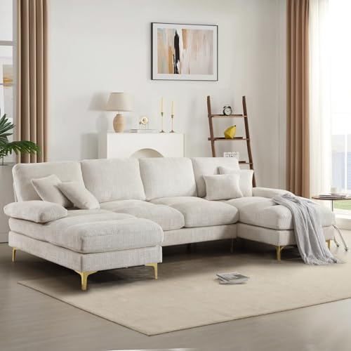 SoarFlash Canapé Sectional en Chenille 4 Places en Forme de U, Fonction de Repos Double, Cadre en Bois Solide & Pattes en Métal Doré, Beige