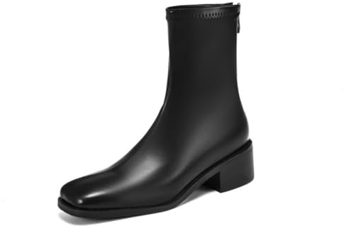 Botines Mujer Retro Punta Cuadrada Tacón Bajo Grueso Cómodas Empeine PU Resistente Cremallera Clásico Casual Oficina Zapatos Diarios,Negro,42 EU
