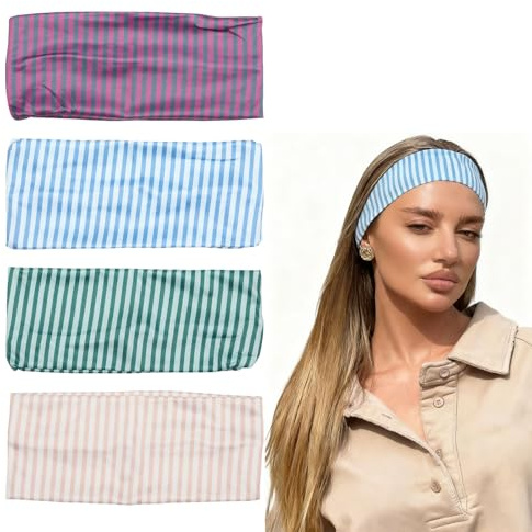 Frostyflair Strip Hairband Women, 4 Pieces Wide Headband Women, Non-Slip Wraps Elastic Stretch Fashionable Hairbands, Bandana for Workout Yoga