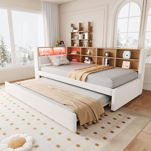 Divano letto 90 x 200, letto estraibile 90 x 190, dotato di luci LED, prese e molti scomparti, letto imbottito, divano letto multiuso, letto singolo, flanella (beige)