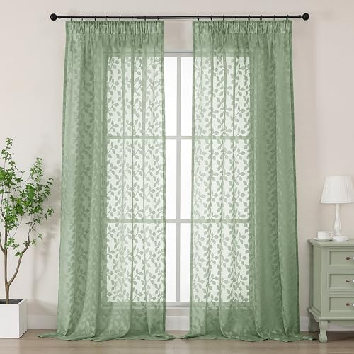 Simplebrand Sage Green Sheer Curtains Charlton Leaf 2 Panels W140 x L220cm, Clip Jacquard Pencil Pleat Drapes, Semi-Sheer Tall Window Curtains for Living Room Bedroom, Light Filtering Elegant
