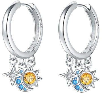 PANPOKI 925 Sterling Silver Star & Moon Chunky Hoop Earrings with Sparkle CZ Zircon Fine Women Lightweight Jewelry With Gift Box For Mom Birthday Gift