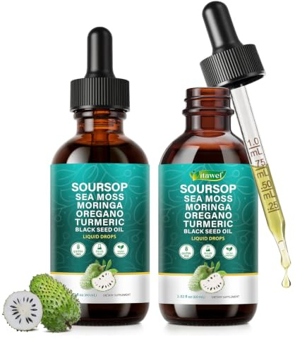 Soursop Bitters Liquid Drops 10 in 1 with Sea Moss, Moringa, Turmeric, Black Seed Oil, Oregano | Herbs Soursop Bitters Extracts for Digestive Wellness & Immune Function 4 Fl Oz