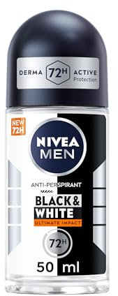 NIVEA MEN Black & White Invisible Ultimate Impact Roll-on 50 ml, Deodorante uomo 72h, Deodorante roll on antitraspirante contro odori, sudore, residui, irritazioni e macchie su tessuti chiari e scuri
