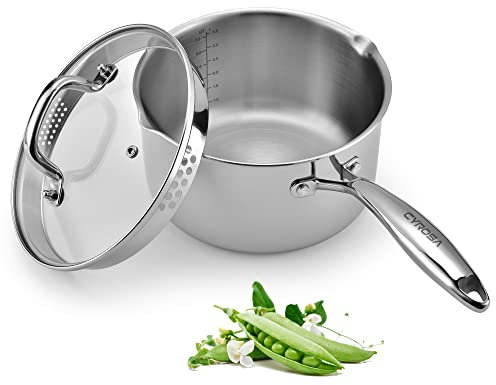 Stainless Steel Saucepan with Glass Lid, 3.5 Quart Multipurpose Sauce Pan, Sauce Pot - for Easy Pour with Ergonomic Handle