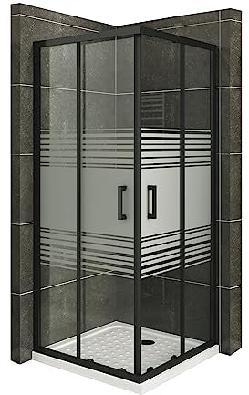 Mampara de Ducha Diana 85x95x190cm, REVERSIBLE, Puertas Correderas, Ajuste 82.5-84.5x92.5-94.5cm, Perfiles Negros, Cristal Templado Parcialmente Satinado 6mm