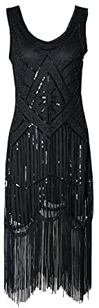 HAHAEMMA 1920-talsklänning, dam, påfågel mönster, fransklänning, Charleston-klänning, Gatsby paljetter tofsar fåll, cocktailklänning med fransar, avslutningsbal klänning, svart, 3XL