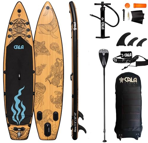 CALA Mana 2026 Stand Up Paddling Board aufblasbares SUP Board Set, robustes Surfboard mit 20% Seegras-Anteil inkl. Voll-Carbon Paddel (640g), Reparatursatz, Pumpe, Rucksack, 3 Finnen, Ventil und Kappe