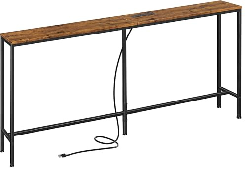 SUPERJARE 70 Inch Console Table with Outlet, Sofa Table with Charging Station, Narrow Entryway Table, Skinny Hallway Table, for Living Room, Rustic Brown