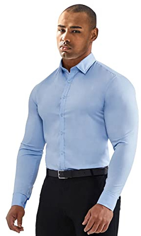 Camisa para Hombre de Fibra de Bambú Elástica, Manga Larga, Slim Fit, Strecht, Formal Casual (L, Azul Claro)
