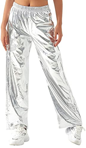 FYMNSI Pantalon de jogging métallisé brillant pour femme années 80 et 90 - En cuir verni - Aspect mouillé - Hip Hop Clubwear - Holographique - Taille S à XXL, argenté, XXL