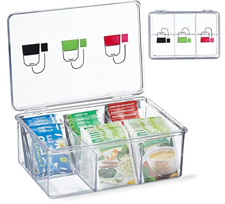 Relaxdays Teebox, Kunststoff, 6 Fächer, Teekasten mit Deckel, HBT: 9 x 21,5 x 15 cm, Teebeutel Aufbewahrung, transparent