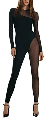 GHAKKE Combinaison De Boîte De Nuit Sexy Transparente Pour Femmes Jumpsuit À Manches Longues Avec Coutures En Maille De Fête Playsuit Moulants Transparents