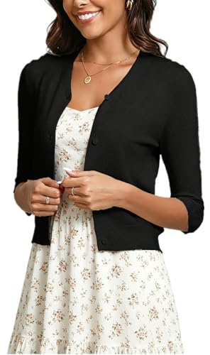 Torera Cárdigan Corto Bolero Mujer Suéter Botones Basicas Chaqueta de Punto Básico Shrug 3/4 Manga Cuello en V Abrigo Fiesta Clásico Negro L
