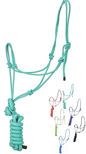 Rope Halters for Horses with 8ft Lead, 4 Knot Training Halter on 1/4 Stiff Cord (Average, Sea Green)