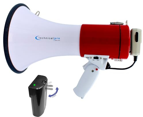 Technical Pro Rechargeable Portable 75-Watt Megaphone Bullhorn Speaker w/Siren & Detachable Microphone - Battery w/Battery a Built-in AC Wall Charger, Good for Trainers, Coaches, Cheer Leaders