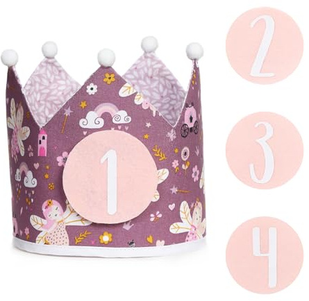 Corona de Cumpleaños de tela para Niños - Ajustable, Reversible, Hecha a Mano y personalizable - Ideal para Fiesta de Cumpleaños. Modelo Hadas