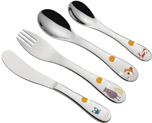 cilio Barnbestick FOREST | 4 delar | rostfritt stål | ergonomisk form | barnkniv 21 cm, barngaffel 21 cm, barnsked 20 cm, liten sked 17 cm | graverade djurmotiv