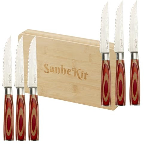 SanheKit Set di Coltelli da Bistecca, 6 Pezzi con Scatola in Bambù, Manico in Legno Rosso, Acciaio Inossidabile 5cr15