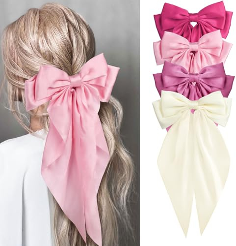 MIKONIKO Silky Satin Hair Bows for Women Girls - 4PCS Ribbon Bows for Hair, Big Bow Hair Clips with Long Tail, Barrettes - Cute Hair Accessories Gifts (Hot Pink, Light Pink, Royal Pink, Beige)