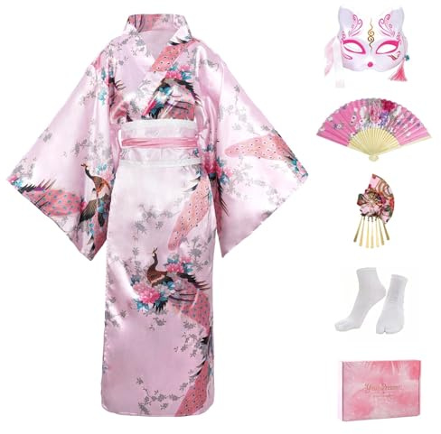 CRFASIBE 5 Piezas Kimono Mujer, Tradicional Japonés Largo Kimono con Estampado de Pavo Real, Albornoz Yukata Vestido Batas para Fotografía Cosplay (Rosa)
