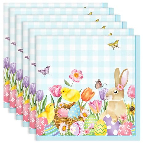 Arquiel Easter Bunny Napkins, 45 cm x 45 cm Egg Flower Butterfly Dinner Cloth Napkins Set of 6, Washable Cotton Soft Absorbent Square Napkins for Dining Kitchen Party Wedding Decoration