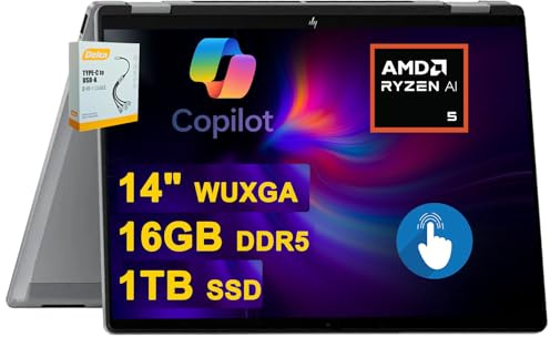 HP OmniBook X Flip 2-in-1 AI PC Laptop | 14 WUXGA Touch 400nits | AMD 6-core Ryzen AI 5 340 (Up to 50 Tops) | 16GB DDR5 1TB SSD | Backlit Wi-Fi6E 5MP IR Camera Poly Win11 w/DLCA Accessory