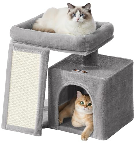 Feandrea Small Cat Tree, Cat Tower Condo, Scratching Ramp, Large Top Perch, Cave, 20.1 x 15.4 x 18.3 Inches, Dove Gray UPCT010GD02S