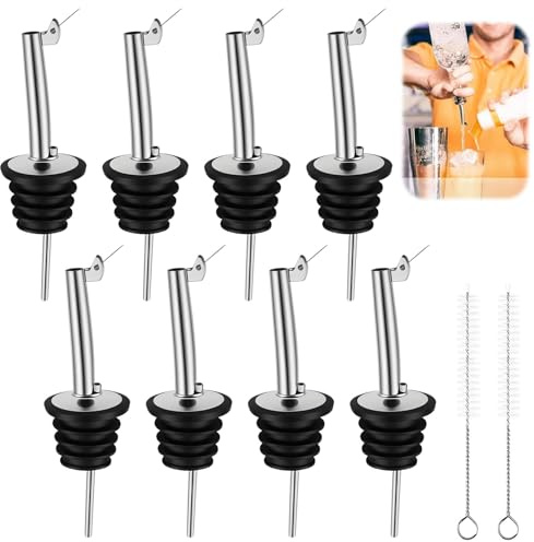 Verseurs en Acier Inoxydable, 8 Pièces Bec Verseur Huile d'olive, Bec Verseur Conique Bouteille, avec Capuchons Anti-Poussière et Brosse de Nettoyage, pour Liqueur Vin, Cocktails, Sirop, Vinaigre