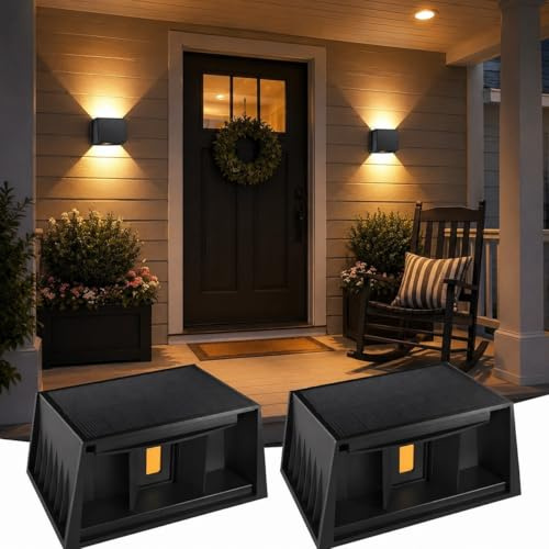 T-SUNUS Lámparas Solares Exteriores Pared, 3000K Blanco Cálido Aplique Solar Pared Exterior, Ángulo Del Haz Arriba y Hacia Abajo, Luces Solares para Jardín Patio Terraza Camino Garaje, 2 Piezas