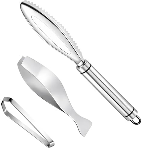 EuSupNova Juego de 3 Herramientas para Pescado en Acero Inoxidable, Desescamador con Doble Fila de Dientes, Pinza de Corte Inclinada y Pinza Plana, Kit para Quitar Escamas y Espinas en Cocina y Hogar