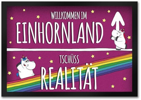 trendaffe - Willkommen im Einhornland Fußmatte mit niedliche Einhörner auf pinkem Hintergrund mit Regenbogen Motiv