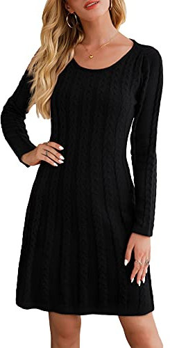 Neitooh Damen Strickkleid Pulloverkleid Elegant Winterkleider Langarm Einfarbige Rundkragen Minikleid Winter Langarm (Schwarz, M)