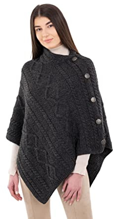 SAOL Poncho en laine pour femme avec boutons celtiques et col bénitier, charbon, Large/X-Large