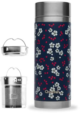 Qwetch - Théière Infusion Isotherme - Hanami Bleu 400ml - Bouteille infuseur Nomade Inox - 5h Chaud et 7h Froid Sans BPA, Étanche & Reutilisable - Idéale pour Thé, Café, Fruit, Tisane