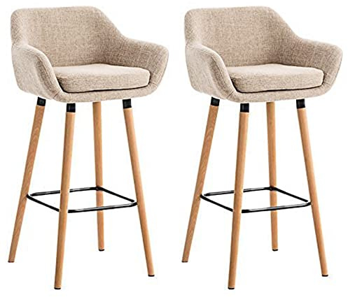 Lot de 2 Tabourets de Bar, avec Dossier et Repose-Pieds, Chaise Haute et Rembourrée, Surface en Lin, Hauteur d’Assise de 64 cm, Pieds en Bois Massif, en Tissu matelassé, élégant
