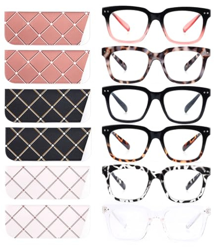 CHOFILORD 6 Pack Fashion Reading Glasses for Women Men Blue Light Blocking Oversized Square Readers with Spring Hinge (6 Pack Mix, 2.00)