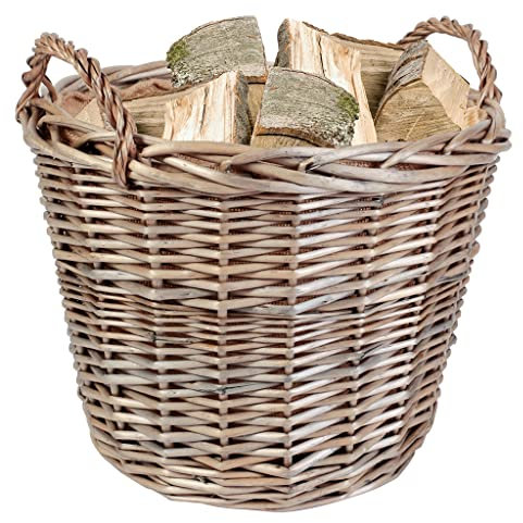 Wicker Log Basket Kindling Bucket Vintage Style Fireside Log Burner Fireplace Wood Storage Crate with Hessian Lining & Carrying Handles (M)