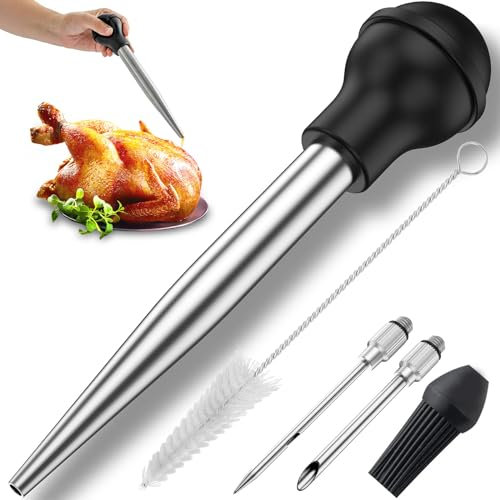 Turkey Baster Set Stainless Steel Turkey Baster Syringe with Cleaning Brush Meat Marinade Injector with 2 Needles and Detachable Silicone Round Bulb Meat Baster for Kitchen Cooking BBQ Grill Baking