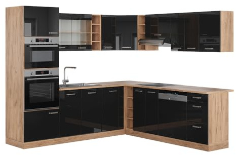 Vicco Eckküche R-Line, Schwarz Hochglanz/Goldkraft Eiche, 237 x 247 cm ohne Arbeitsplatte
