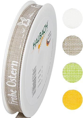 Halbach Seidenbänder - Geschenkband Ostern - 15mm x 20m - Dekoband mit Ostermotiven 'Frohe Ostern' - Leinen/Polyester - Weiß