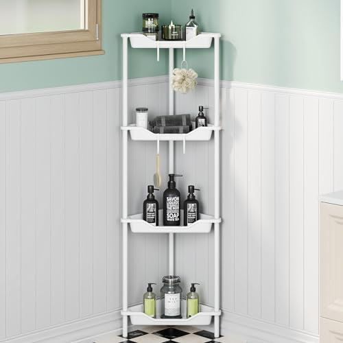 OriwarE Rustproof 4 Tier Floor Standing Corner Shower Caddy Organizer, Plastic Metal Splicing Floor Corner Shelf Rack Stands for Bathroom, White