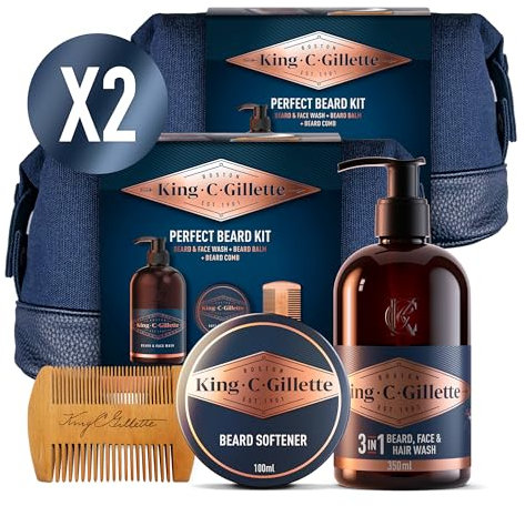 King C. Gillette Kit BALSAMO BARBA, DETERGENTE VISO UOMO, PETTINE BARBA, Ideale per la Cura della Barba, Confezione IDEA REGALO, Set Barba Uomo PROFESSIONALE (Confezione da 2)